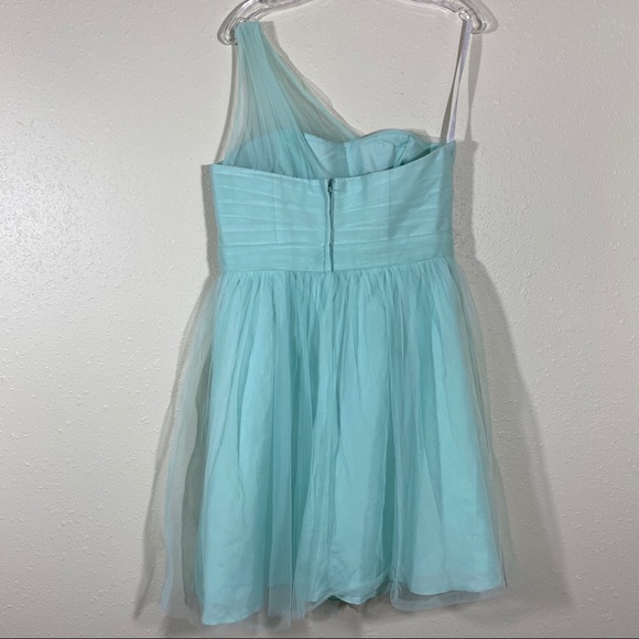 David’s Bridal Dress One Shoulder Fit Flare Dress pleated chest Blue/Green Mini - Picture 6 of 13